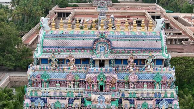 Drone view of the colorful facade of Thillai Nataraja Temple Chidambaram with Hindu statues