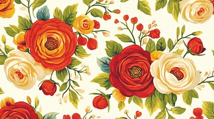 Red, white roses floral seamless pattern, textile design, off-white background