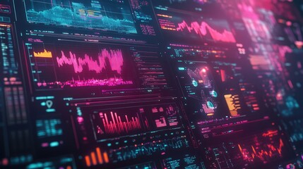 Obraz premium Abstract digital marketing interface with colorful charts, graphs, and social media icons on a soft-focus background. No text, no people.