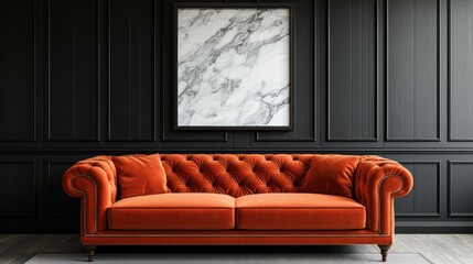 Dark Elegant Interior with Orange Sofa and Marble Picture