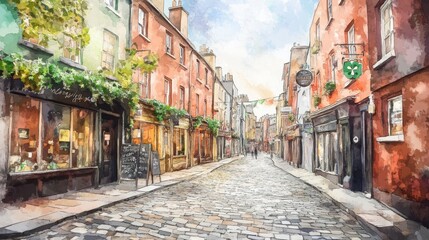 Fototapeta premium Watercolor Style Street View of Historic Brick Buildings with Shamrock Decor Under Sunny Skies