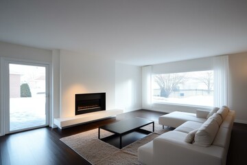 Modern Minimalist Living Room with Fireplace and Large Window