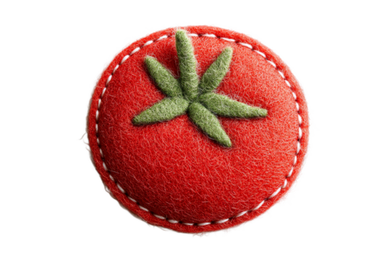Felt tomato craft item with green leaf details