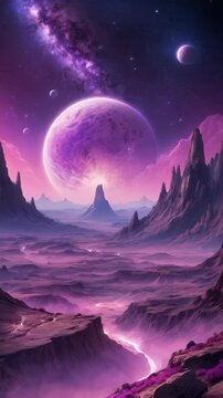 A cosmic scene with a large, purple planet featuring intricate surface details, the background being filled with a starry nebula in shades of purple and pink, enhancing the otherworldly atmosphere