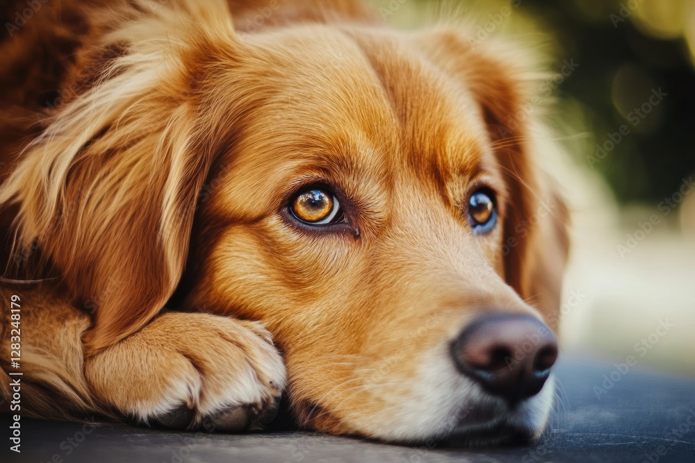 Aufkleber Golden retriever dog lying down with a thoughtful expression in a sunny outdoor setting surrounded by greenery. Generative AI