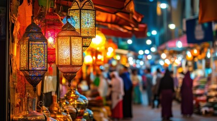 Naklejka premium Colorful Lanterns Illuminate a Vibrant Night Market Scene