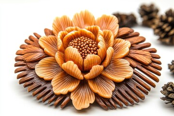 Elegant Carved Wooden Flower Centerpiece With Intricate Details Showcasing Artistry and Craftsmanship. Generative AI