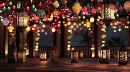 Fototapeta premium Colorful Lanterns Illuminating a Festive Atmosphere at Night