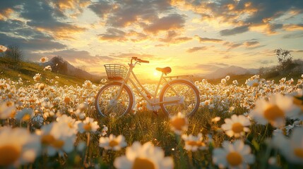 Naklejka premium Vintage bicycle amidst a blooming daisy field at golden sunset hour