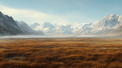 Fototapeta premium Majestic Mountain Range Overlooking a Serene Autumnal Plain