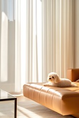 Elegant Dog Resting on Luxurious Leather Ottoman in Sophisticated Modern Living Room