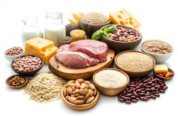 Detailed photo of iron and protein rich foods, featuring chicken, meat and fish, wheat, beans, milk, and cheese. Healthy eating, food rich in protein. White background