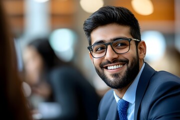 Fototapeta premium Enthusiastic Indian University Students Networking at Career Fair Exchanging Resumes and Discussing