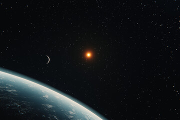 Fototapeta premium Celestial Dawn: A breathtaking view from space. a captivating image of a distant sun with moon and the earth in the frame