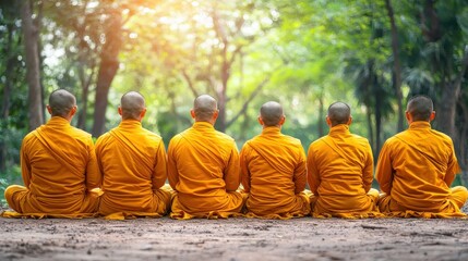 Group of monks meditating in a serene forest, promoting inner peace and mindfulness
