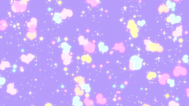 Looped magical hearts and stars on purple background animation.