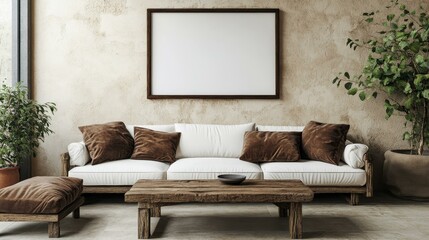 Rustic Living Room with Blank Picture Frame