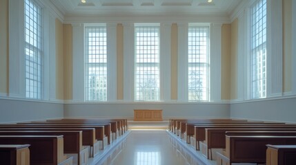 A legislative hall with wide, open chambers and neutral tones. Featuring unity and functionality