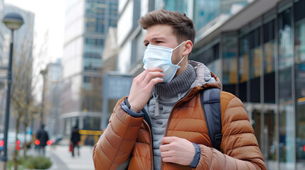 man wearing face mask is coughing while walking in city environment, showcasing impact of health concerns in urban settings
