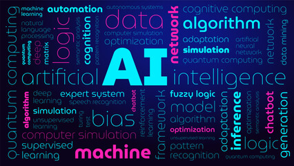 Tagged tag cloud on artificial intelligence, background, screensaver, banner, word texture, word pattern