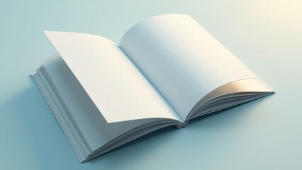 Blank pages of an open book rest on a light blue surface, showcasing a pristine and unblemished design, ideal for showcasing creativity and potential.