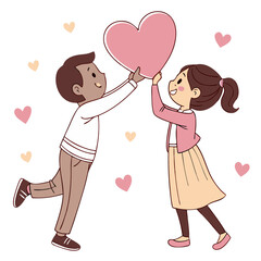 A joyful couple is playfully holding a large pink heart. They share smiles, surrounded by small pink hearts, creating a charming romantic atmosphere