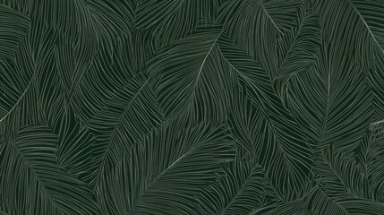 Illustration of plant drawing that shows leaves seamless pattern with dominant dark green background