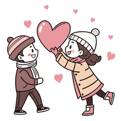 Lovers happily engage in a playful exchange of a large pink heart. They are dressed warmly for winter, surrounded by cheerful hearts, creating a charming romantic atmosphere