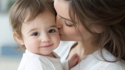 Close-up portrait of a mother and her baby. the mother is kissing the baby on the cheek. the baby is looking up at the mother with a smile on its face.