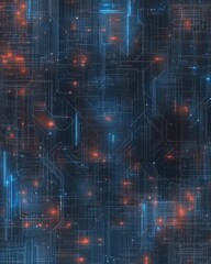 Obraz premium A vibrant digital background featuring intricate lines and glowing elements in blue and orange, evoking a high-tech, futuristic vibe.