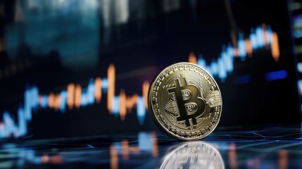 Fototapeta premium A Bitcoin coin with a stock market chart in the background, representing cryptocurrency trends, an investment chart, finance chart