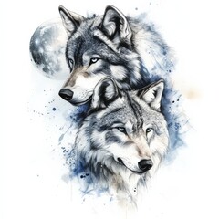 Obraz premium Nocturnal Wolves: A captivating watercolor painting of two majestic wolves set against a dreamy night sky. The wolves, rendered with exquisite detail and soft hues.
