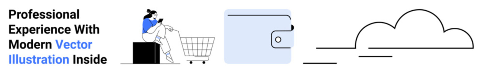 Woman pushing shopping cart, minimalist wallet, and cloud outline. Ideal for e-commerce, payment systems, cloud storage, finance, automation, online retail and flat landing page banner