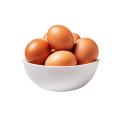 White ceramic bowl of hen eggs on transparent background