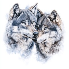 Fototapeta premium Wolf Bond: Witness the tender bond between two majestic wolves, their gaze locked in a moment of profound connection, set against a soft, ethereal backdrop. 