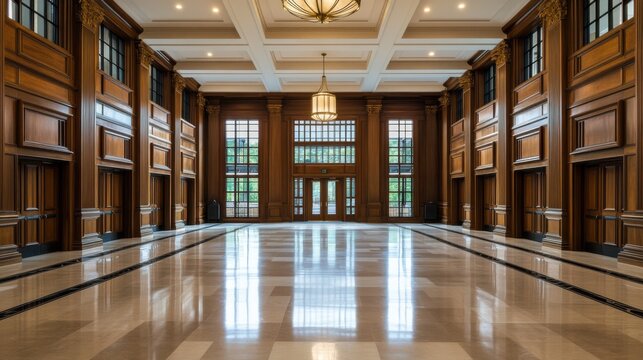 A legislative hall with wood paneling and brass fixtures. Featuring formality and tradition