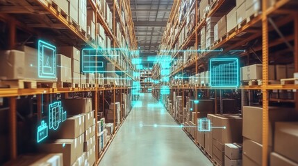 Conceptual image of a digital inventory management system with floating barcodes, stock quantities, and product images. No text, no people.