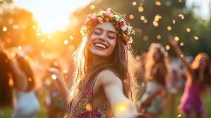 music festival A joyful woman with a flower crown dances in sunlight, surrounded by friends and glowing confetti.
