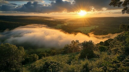 Fototapeta premium Sunrise Panorama Over Misty Valley Landscape