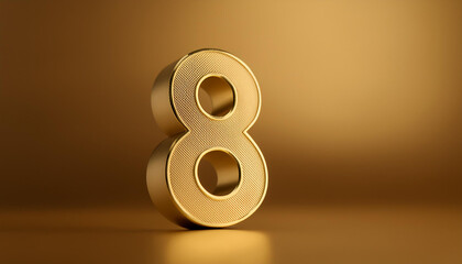Golden number 8 eight on golden background with gradient and copy space. 3D rendering.