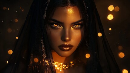 Mysterious Portrait of a Woman with Golden Eyes and Ethereal Glow in Dark Veil