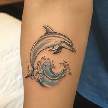 Dolphin Tattoo on Skin: A sleek, detailed tattoo showcases a leaping dolphin cresting a wave, inked onto human skin. Capturing aquatic life with precision and artistry.