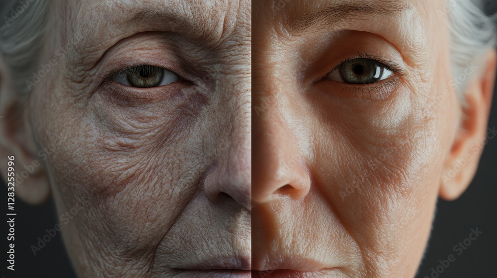 Poster transformation of an aged face to youthful skin showcasing changes over time. generative ai