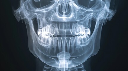 3d rendering of a human skull, specifically the upper jaw and upper jaw. the skull is shown in a blue and white x-ray style, with the bones and teeth clearly visible.