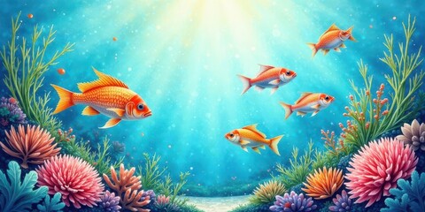 Naklejka premium Submarine Idyll Vibrant Coral Reef with School of Orange Fish Illuminated by Sunbeams