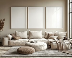 Modern Beige Living Room Mockup with Blank Frames