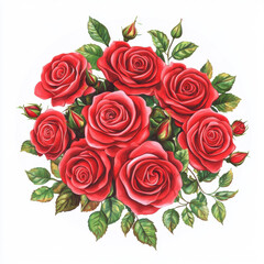 Obraz premium Beautiful bouquet of red roses with green leaves and buds, symbolizing love and passion