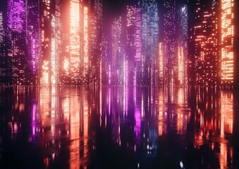 Fototapeta premium A vibrant, futuristic cityscape illuminated by colorful lights, reflected in a glossy surface, creating a mesmerizing and immersive digital atmosphere.