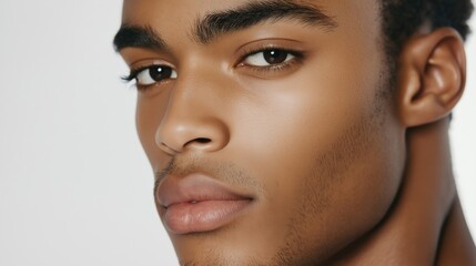 Close-up portrait of a young african-american man's face. he is looking directly at the camera with a serious expression. his eyes are dark and his eyebrows are neatly groomed.