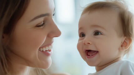 Close-up of a mother and her baby. the mother is on the left side of the image, with her eyes closed and a slight smile on her face. she is looking down at the baby with a content expression.